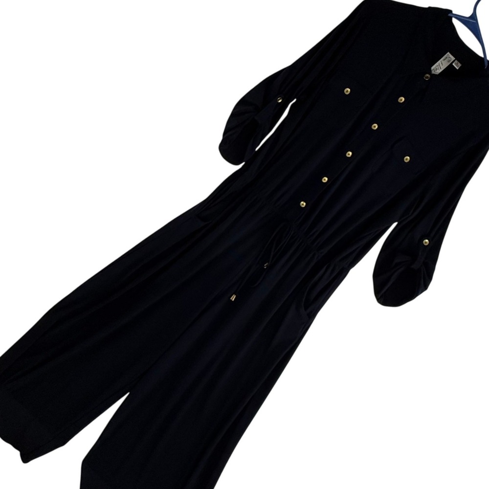 Womens Navy Blue‎ Jumpsuit Roll Tab Sleeve Shirt Collar Drawstring Pockets